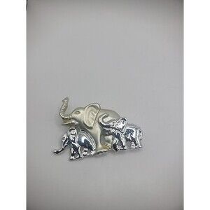 Vintage L.Razza Brooch Pin Elephant Silver Tone Gold Tone Family Jewelry Costume